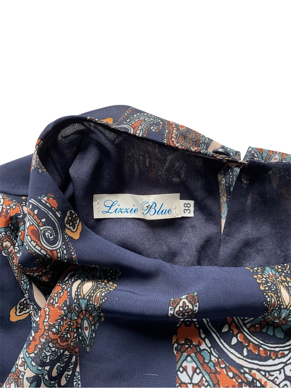 Lizzie Blue Navy Paisley Long-Sleeve Ruffle-Hem Dress, size 38 - Picture 4 of 9